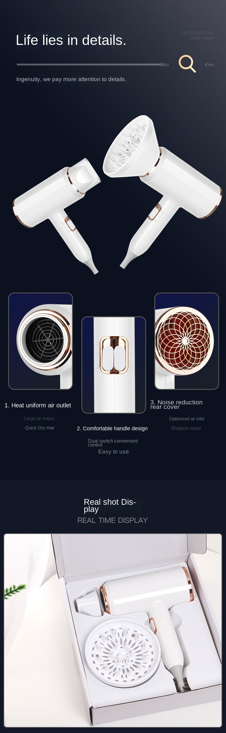 Hair Dryer 1500W Professional Hair dryer Powerful AC motor fast drying ion hair dryer, 2 speed 3 heat Settings, cooling shot button, 1 diffuser and 2 concentrator for multi-female and male hairstyles