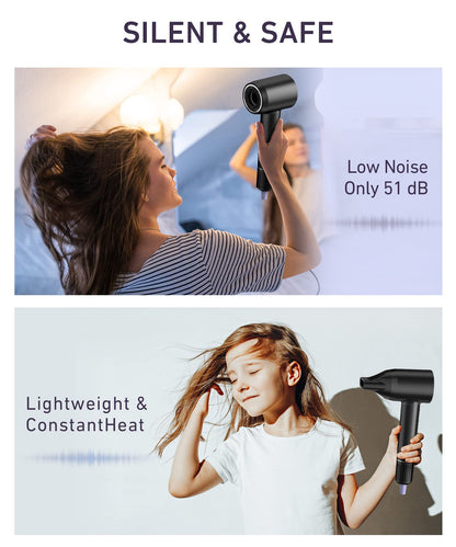 Hair Dryer - 150000 RPM High-Speed Brushless Motor Negative Ionic Blow Dryer for Fast Drying, Low Noise Thermo-Control Hair Dryers with Magnetic Nozzle, Perfect for Gifts