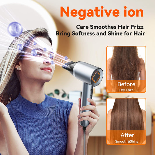 Professional Hair Dryer, 110 000 RPM Brushless Motor Negative Ionic Blow Dryer with Magnetic Nozzle, Fast Drying, Constant Temperature, Low Noise, High Speed Hairdryer for Home Salon Travel